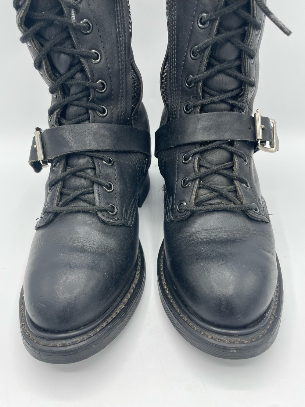 Double H Vintage Black Leather Lace-Up Combat Moto Boots with Buckle Strap. - Picture 5 of 16